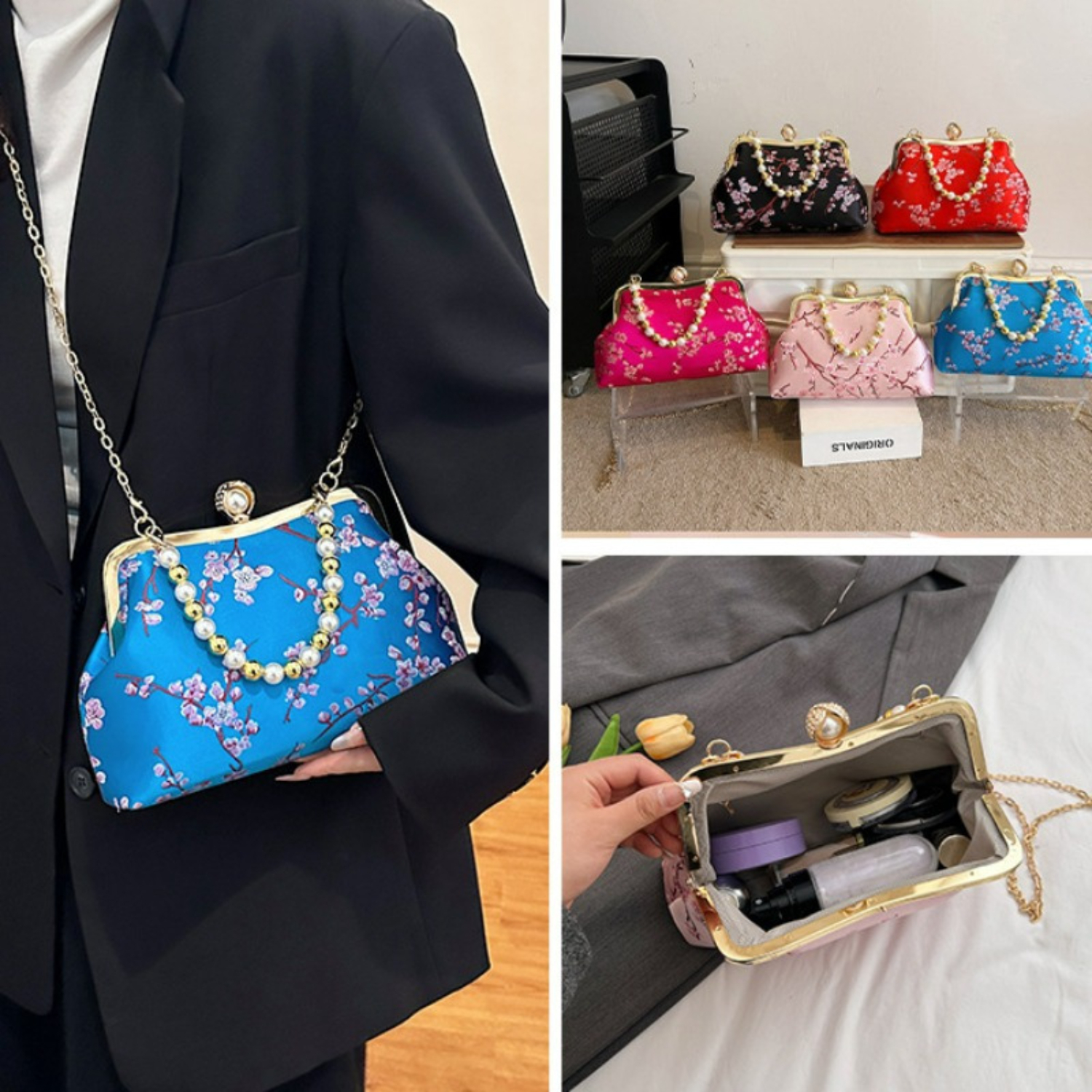 Vintage Floral Clutch Shell Bag with Pearl Chain Strap Evening Purse Crossbody Handbag