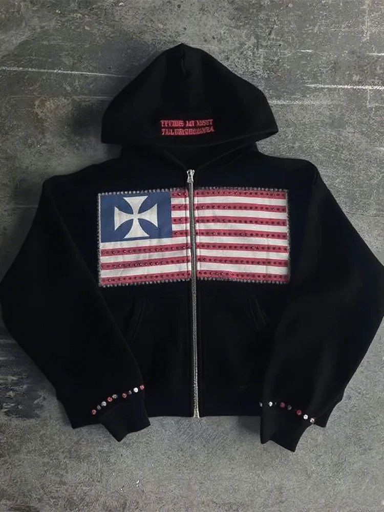 Outono nova bandeira nacional design minimalista cor colisão padrão moletom com capuz masculino harajuku y2k solto moletom com zíper