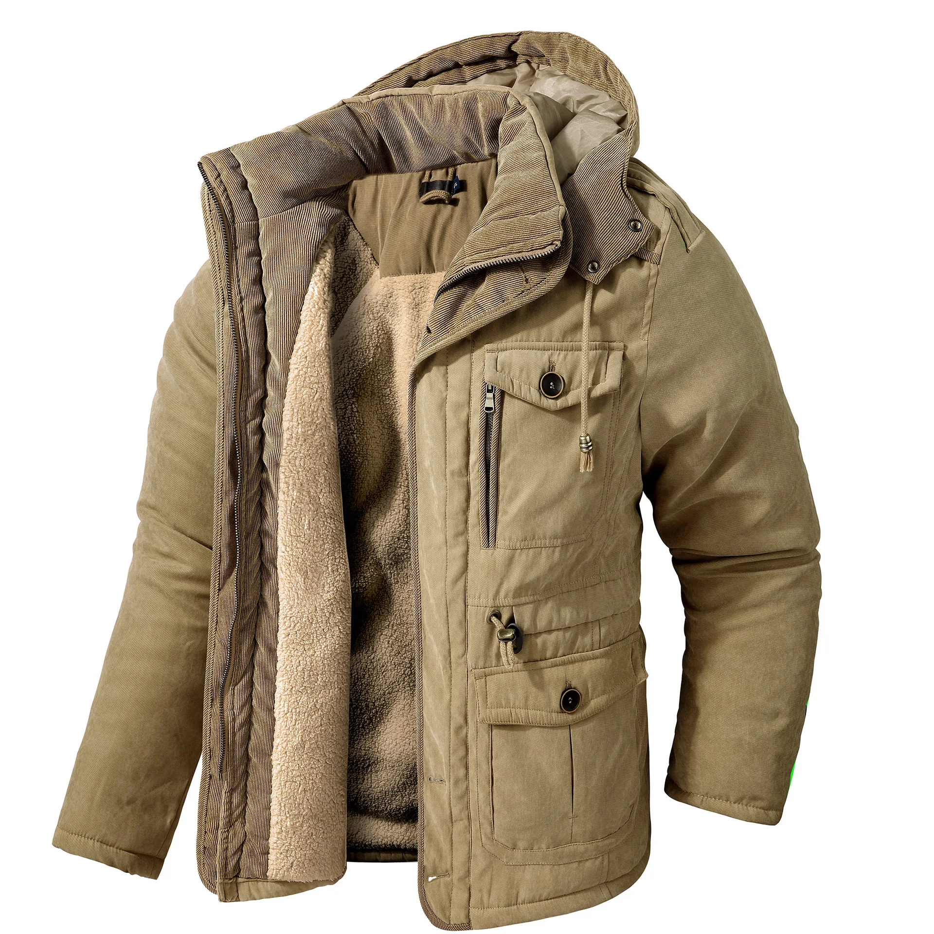 Herenjas WINTER USA SIZE Grote MAAT Lamsfleece JASSEN Capuchon Katoen Verdikte Multi Pocket Casual Halflange jas