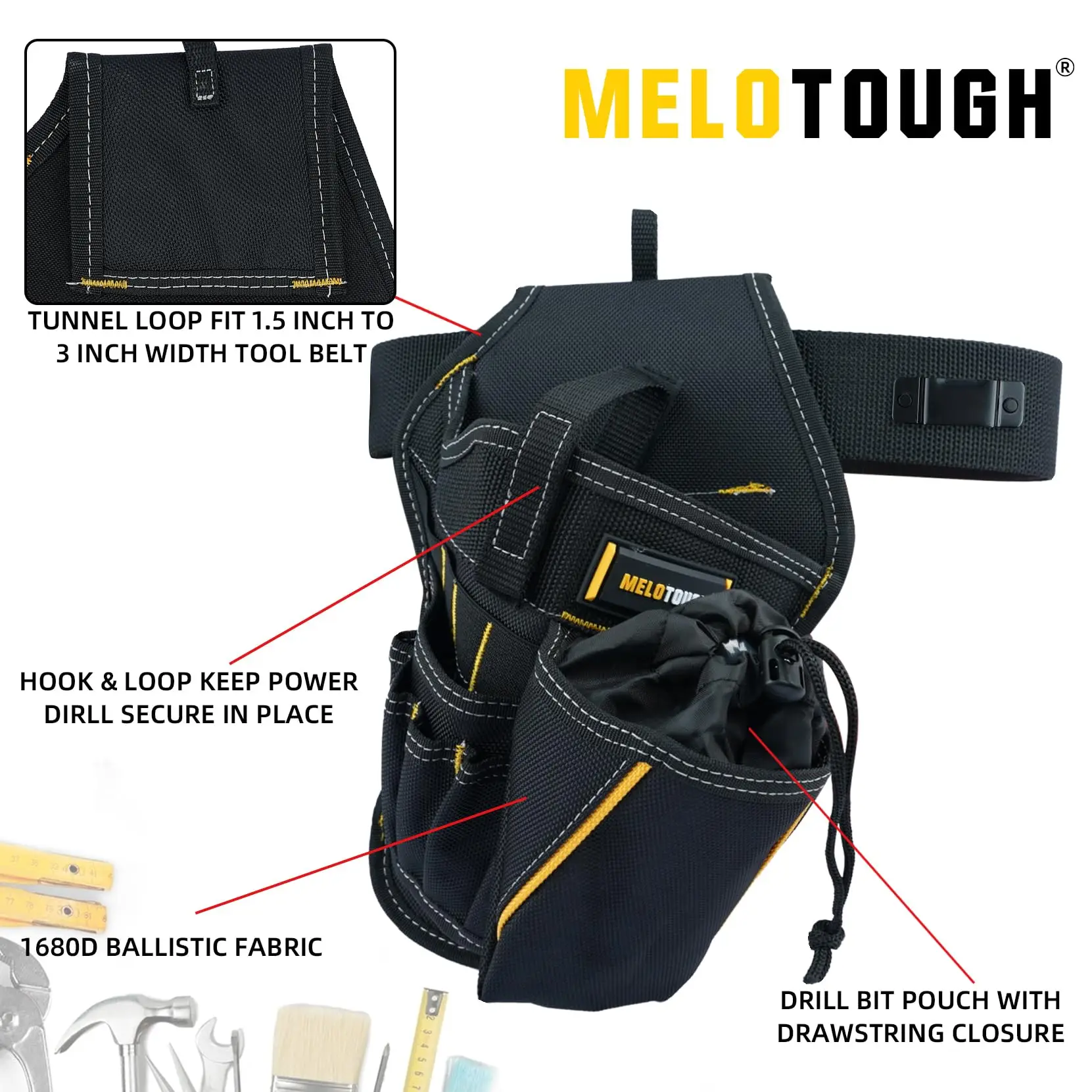 MELOTOUGH Impacto Broca Coldre Combo, Pulseira Magnética, Cinto de Ferramentas, Broca Titular com Bit Pouch, Destro, 3 em 1