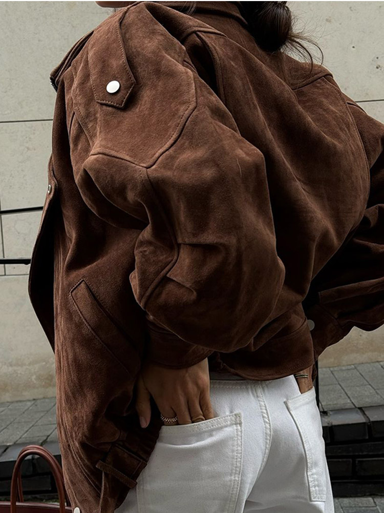 Modne brązowe zamszowe kurtki skórzane Maillard dla kobiet Casual z długim rękawem i kieszeniami na zamek błyskawiczny 2024 Lady High Streetwear