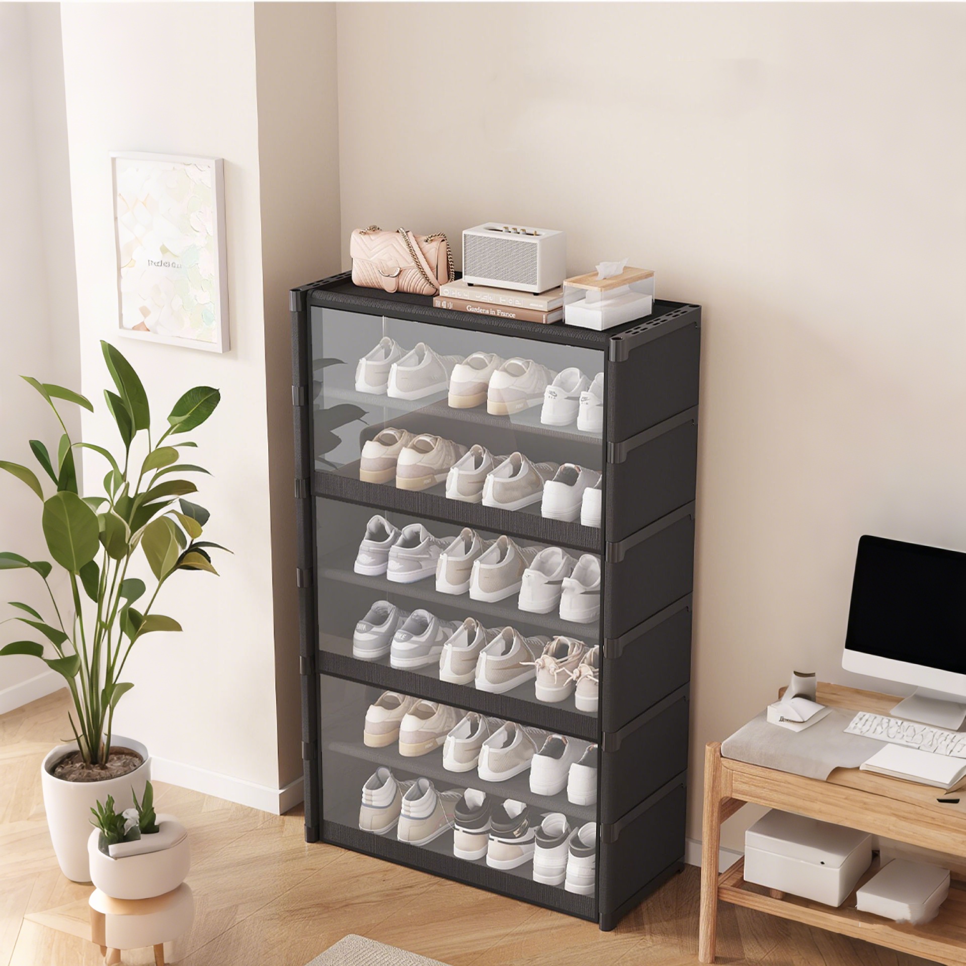 Large Dustproof Shoe Storage Organizer Rack With Clear Door Slipper Sneaker Storage Cabinet Box Plastic High-top Stackable Shelf