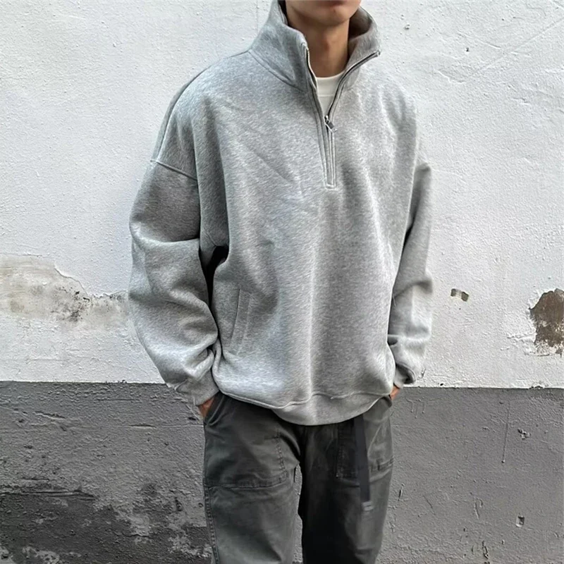 Sudaderas con diseño de media cremallera para hombre, suéter Vintage Y2K con cuello levantado, sudaderas con capucha, chándal informal de moda coreana, otoño 2024