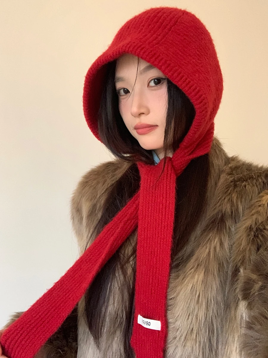 Gorro rojo de lana para Navidad y Año Nuevo, bufanda de una pieza para mujer, bufanda tejida para el cuello, pasamontañas con capucha