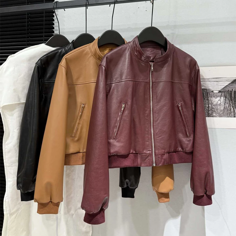 100 % echtes Leder Moto & Biker Jacken 2025 Frühling Vintage Weinrot Damen Stehkragen Reißverschluss Erste Schicht Schaffell Jacke Mäntel