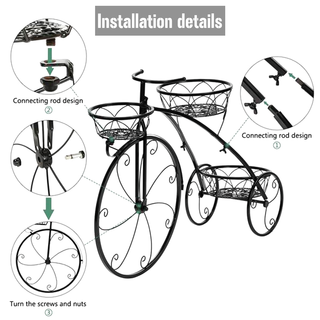 Suporte para plantas de bicicleta de 3 camadas, ferro forjado, triciclo, plantador, casa, jardim, pátio, decoração, vasos de flores, prateleira interna e externa