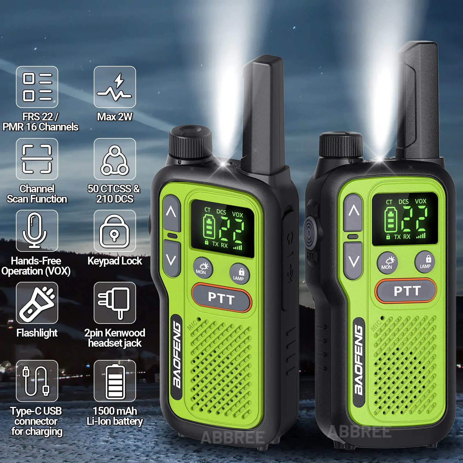 2PCS Baofeng BF-T18 Mini Dual PTT Walkie Talkie Flashlight Portable PMR/FRS Support Type-C Charger NOAA For 5Rmini F22 Ham Radio