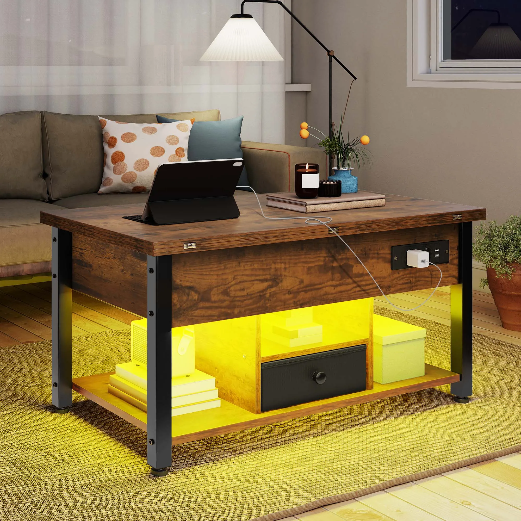 Mesa de centro 4 em 1 marrom vintage YITAHOME – altura ajustável, converte à mesa de jantar com armazenamento e iluminação LED