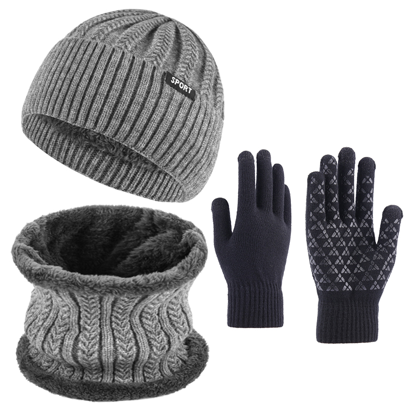 Ensemble écharpe et gants gris pour homme, bonnet avec petite lettre, jacquard élastique et chaud, automne et hiver, 1 ensemble, 3 pièces