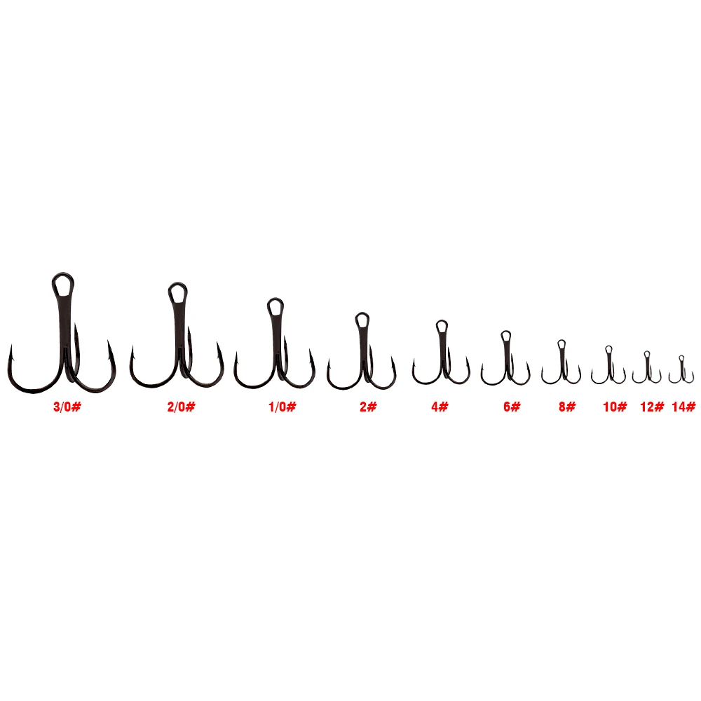 PROBEROS 20 ชิ้น/ล็อตสีดํา High Carbon Treble Hooks Super Sharp Solid ขนาด 2 # -14 #   ขายส่งตะขอปลาเหล็กหนามสามชั้น