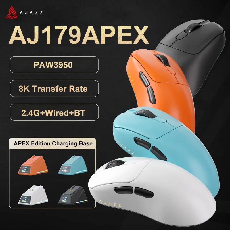 Ratón inalámbrico para juegos AJAZZ AJ179 PRO PAW3395 con Base de carga RGB, ratón ergonómico ligero de 26000DPI para PC, Gamer y portátil