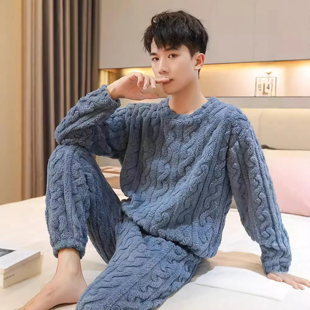 Outono e inverno novos casais masculinos pijamas quentes homewear terno feminino coral velo pijamas engrossado roupa interior térmica homewear