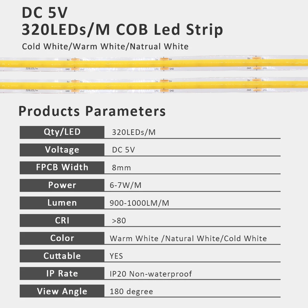 ไฟแถบ LED COB USB 5V 320 ดวง/เมตร แสงวอร์มไวท์ นวล ขาวธรรมชาติ ขาวเย็น แบบยืดหยุ่น ขั้วต่อ 2 ขา ขนาด 8 มม. สำหรับตกแต่งห้องนอน ห้องนั่งเล่น และบ้าน