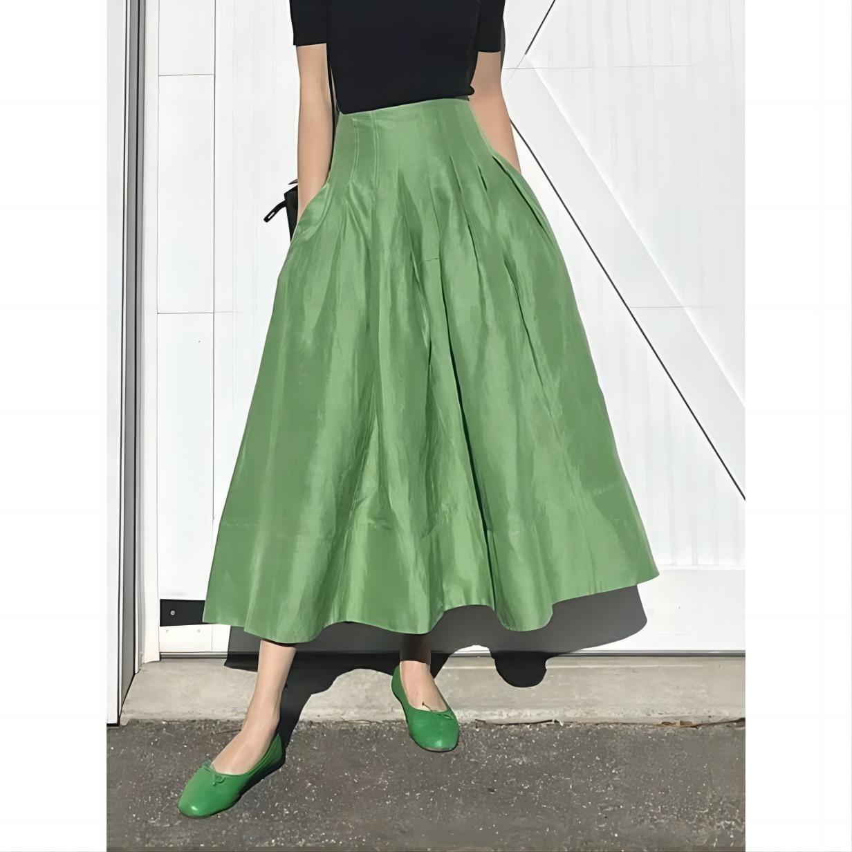 Franse elegante retro groene paraplurok, temperamentvolle slanke pluizige rok met hoge taille, halve damesrok
