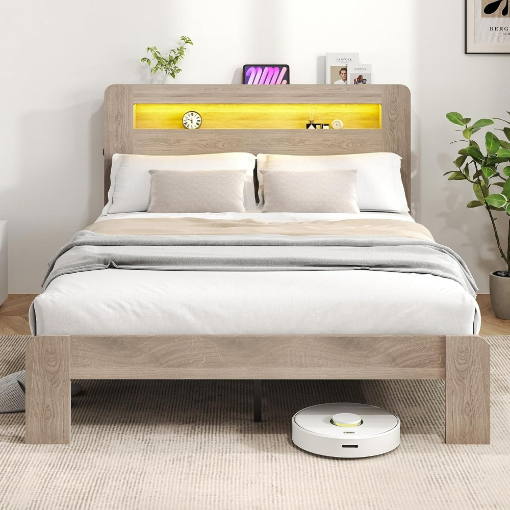 Queen Bed Frame with Headboard, LED Lights, Charging Station with 2 USB Ports & 2 AC Outlets, Sturdy Wood Framework, Noiseless