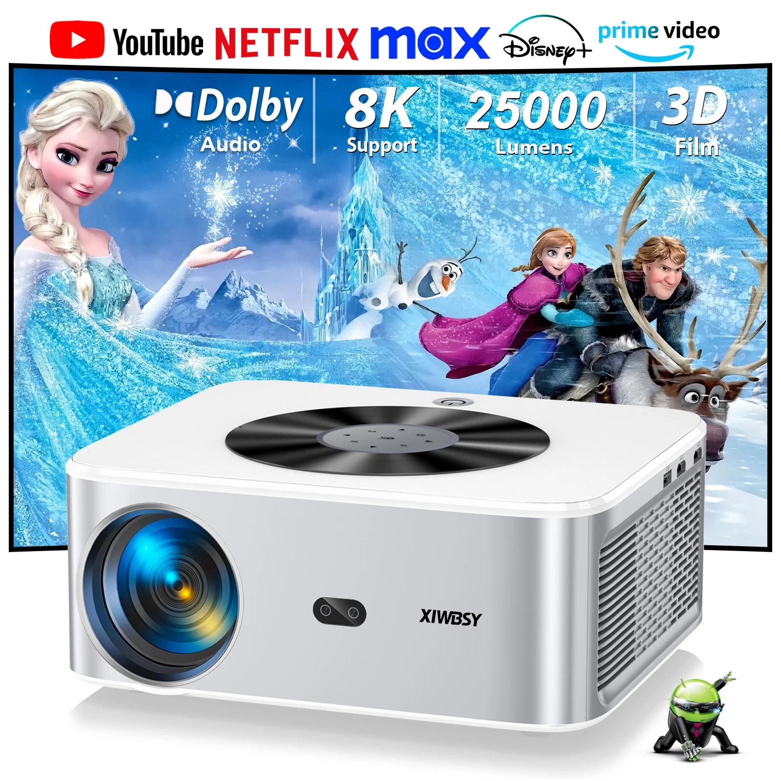 XIWBSY Proyector de enfoque automático 1000Ansi Bluetooth5.2 Proyector Android 4K 8K Decodificación Vídeo Audio Proyector portátil de cine en casa
