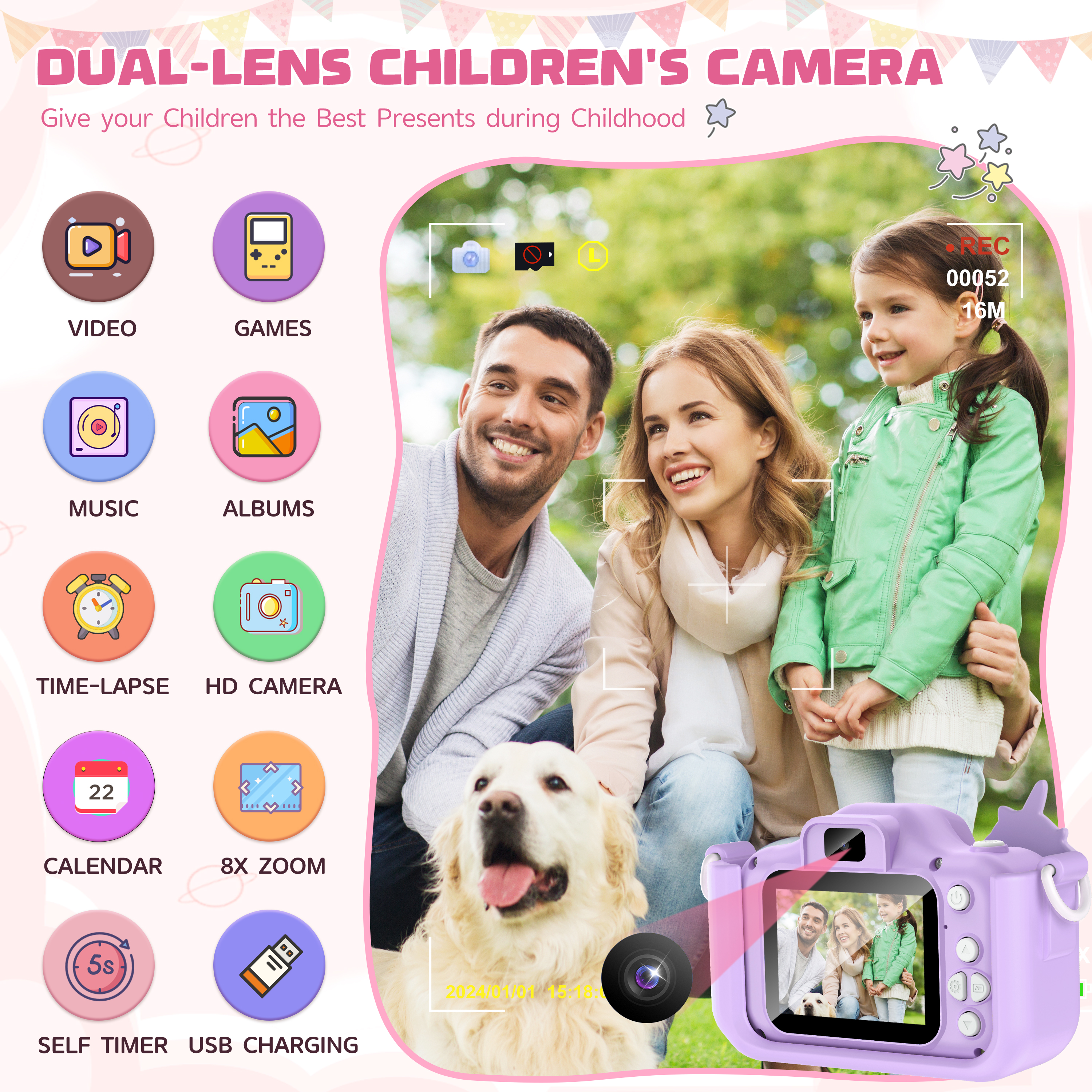 Câmera digital infantil de 2,0 polegadas, recarregável, desenho animado, brinquedo, 48MP, 1080P, HD, mini câmera selfie, presente para meninos e meninas