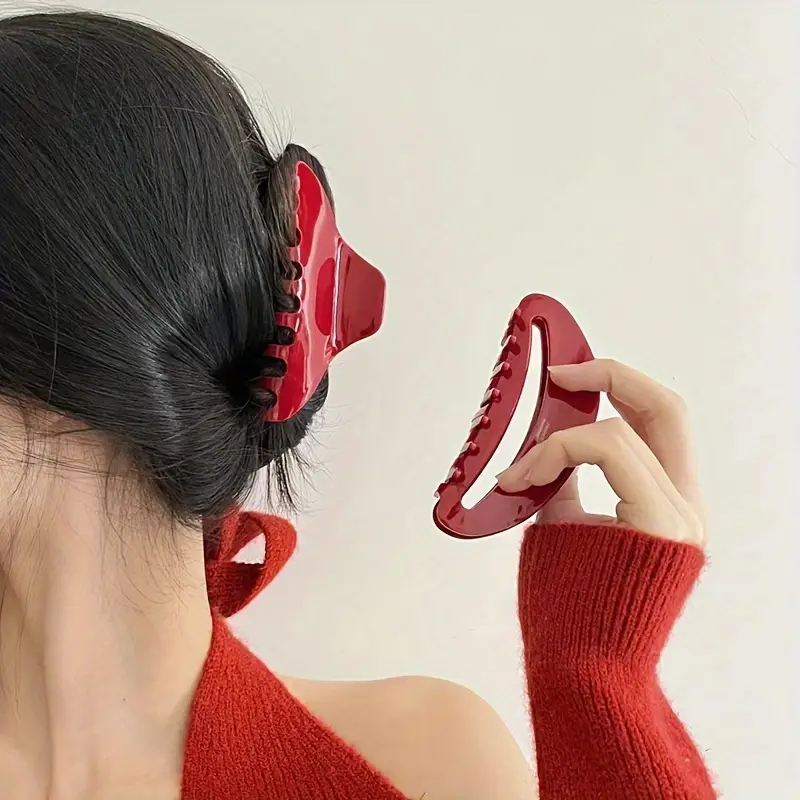 Grampo de cabelo vermelho grande e elegante, com letras francesas e enfeite dourado - lindo prendedor de tubarão em PVC, adequado para cabelo de placa da moda