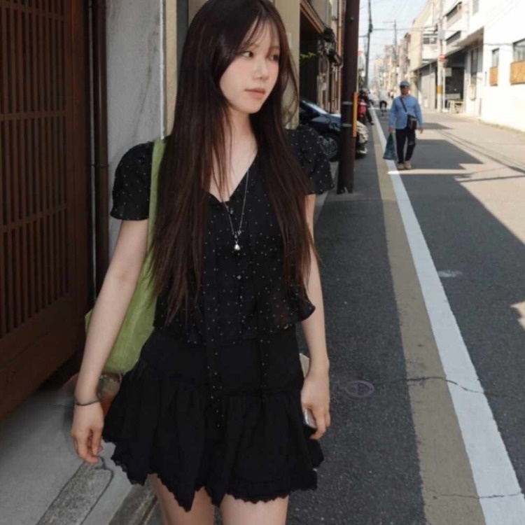 Verão moda bolinhas imprão slim fit casual csa de manga curta topo f fibra de poliéster 00% a2594