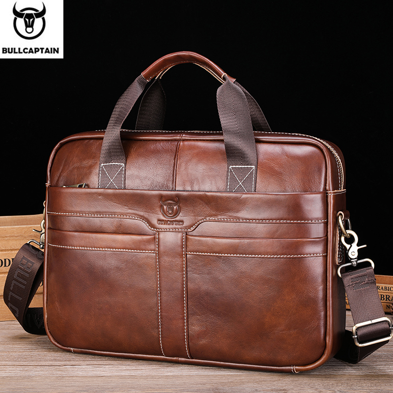 BULLCAPTAIN Leather Laptop Bag, Top Layer Leather 15" Laptop Bag Men's Laptop Briefcase Briefcase Work Business Travel Bag 053