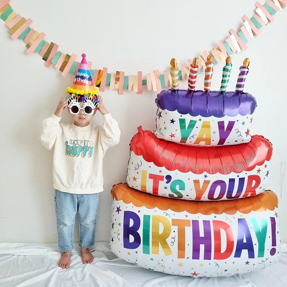 Pastel de cumpleaños 3D, película de aluminio, decoración de globos, pastel de doble capa de colores, suministros para fiesta de cumpleaños para Baby Shower de 1 año