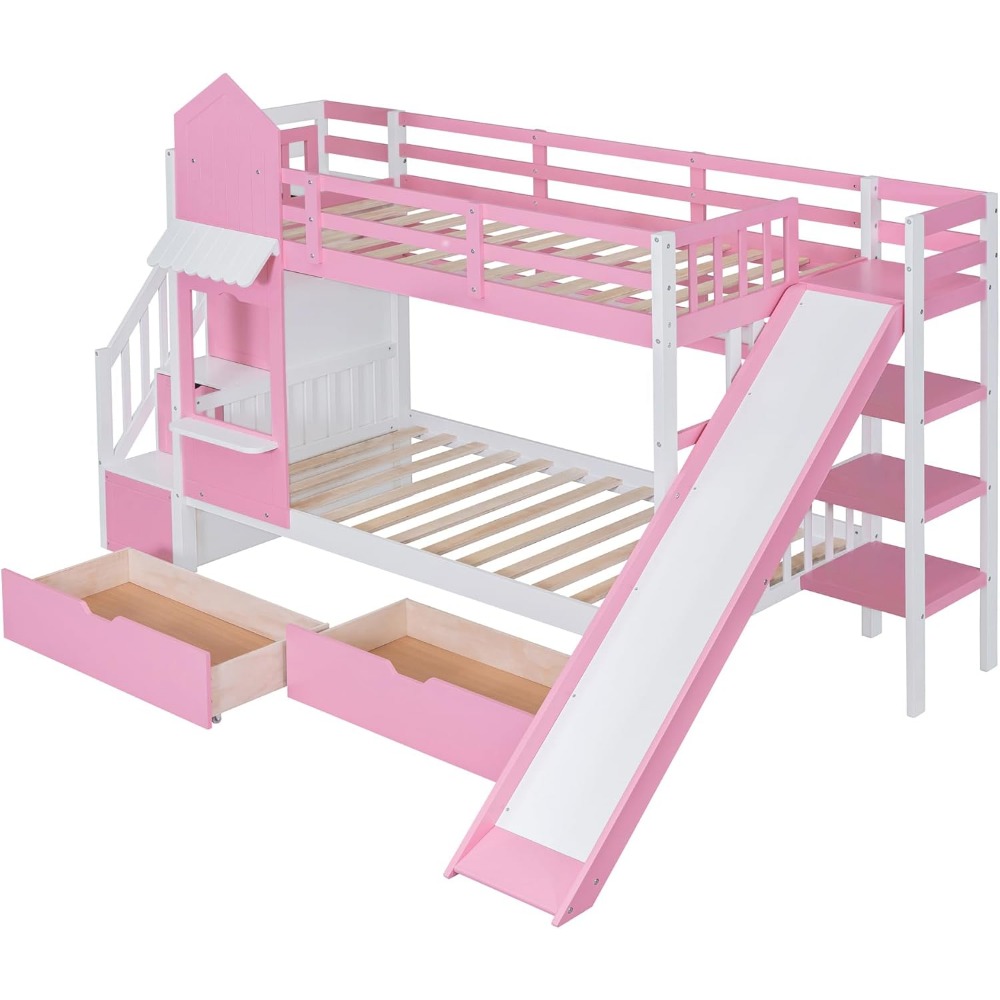Twin Over Twin Bunk Bed with Storage and Drawers for Kids Boys Girls Solid Wood Bunk Bed with Slide and Staircase