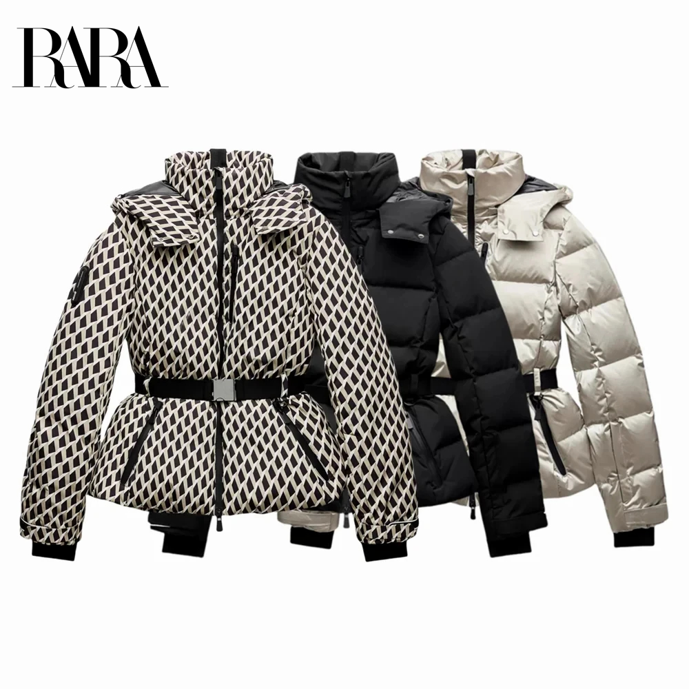 2025 RARA nueva serie de esquí para mujer, Chaqueta de algodón con capucha y cuello levantado, abrigo, cinturón, cintura para ir al trabajo, puños cálidos a prueba de viento