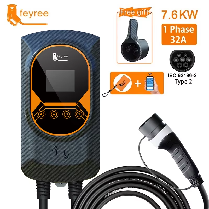 Feyree EV Laadstation 32A Elektrische Voertuig Autolader EVSE Wallbox Wallmount 7.6/11/22kW Type2 Kabel IEC62196 APP Controle