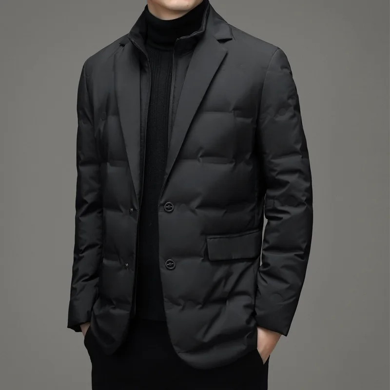 2025 Men's Winter New Fake Two-Piece Warm blazer Business Leisure Warm Stand-up Collar down Jacket
