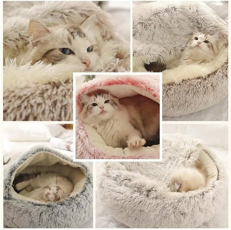Letto per animali domestici con cappuccio in peluche Letto rotondo soffice e morbido per gatti Cuscino per animali domestici Caldo gatto Cane 2 in 1 Nido per dormire Grotta per cani di piccola taglia