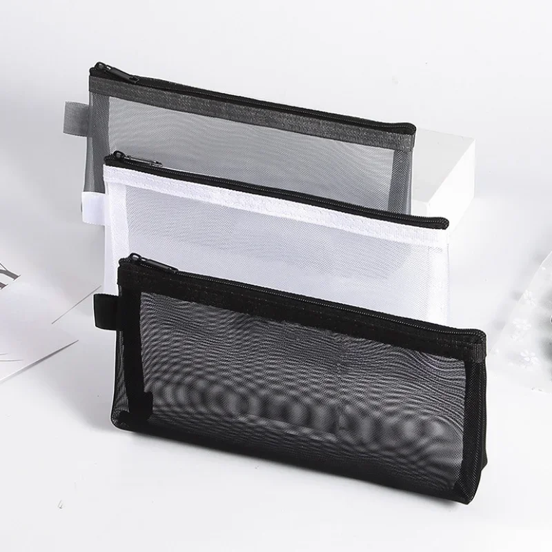 Grau Schwarz Make-Up Fall Große Kapazität Mesh Transparent Kosmetik Pinsel Taschen Studenten Einfarbig Zipper Nylon Federmäppchen