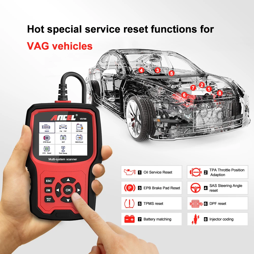 Ancel vd700 scanner obd2 profissional para vw para audi para assento para skoda óleo epb sas tpms redefinir leitor de código do sistema completo