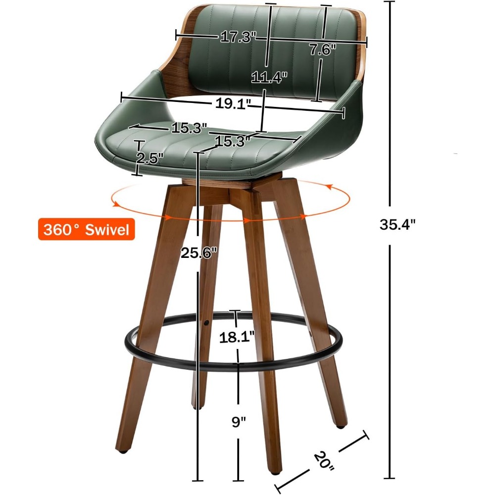 Swivel Bar Stools Set of 2Faux Leather Upholstered Counter Height Barstools,Kitchen Island Bar Chairs,25.6-Inch Counter Stools