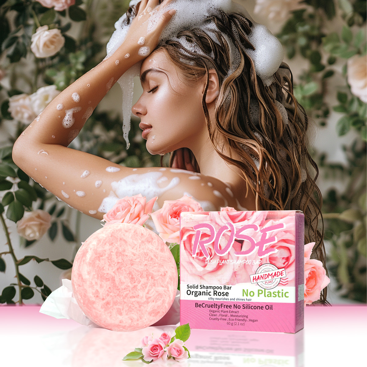 Rosa Rosenshampoo-Seife, ätherisches Öl, handgemachte Seife, nährend, ölkontrollierend, Fleckenentfernung, Blumenduft überlaufend