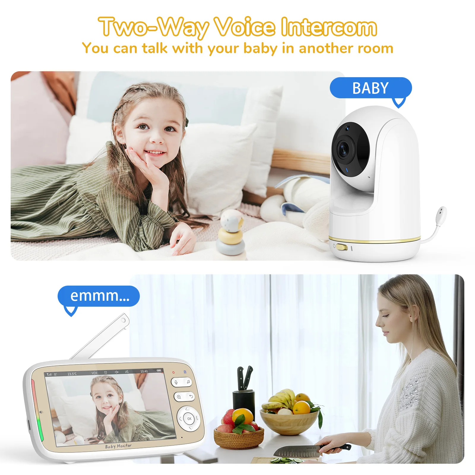 Vigilabebés de 5 pulgadas, cámara PTZ con zoom 3x, control dual APP+monitor, vigilabebés electrónico WIFI, audio bidireccional, visión nocturna, teléfono para bebés