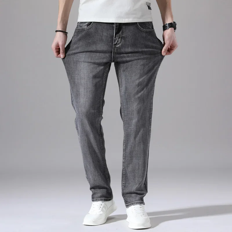 Pantalones vaqueros elásticos de algodón para hombre, Vaqueros de mezclilla finos informales de negocios, color gris, primavera y verano, nuevo ajuste recto y ligero