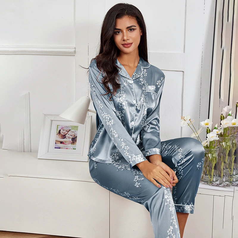 Pijama de primavera y otoño para Mujer, conjunto de pijamas de satén de seda, camisa de manga larga con pantalón, ropa de dormir, pijamas para Mujer, trajes para Mujer