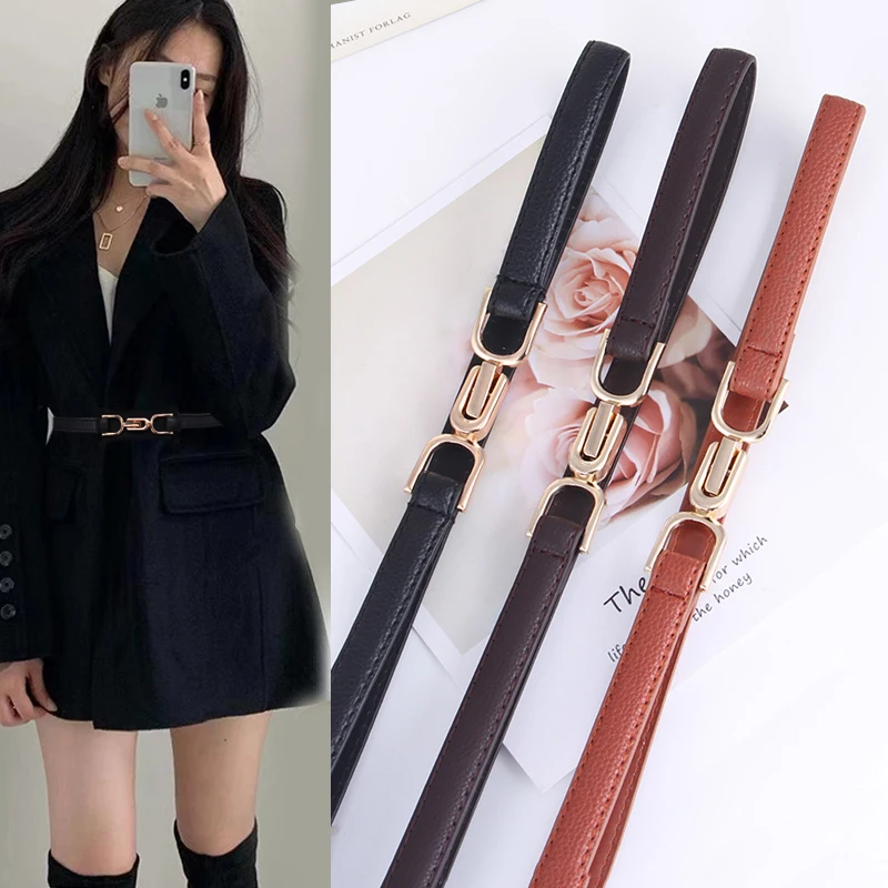 Cinto skinny de couro feminino, moda simples, para vestido, ajustável, cintura fina, cinto com fivela dourada vintage, couro falso