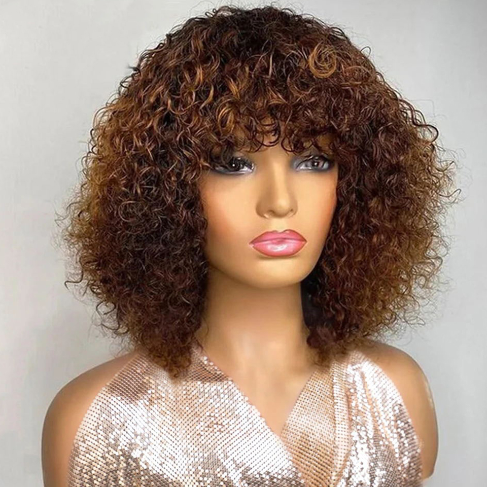 Parrucche corte per capelli umani con taglio pixie Bob con frangia Parrucca piena riccia Jerry a macchina Evidenzia parrucche colorate biondo miele per le donne