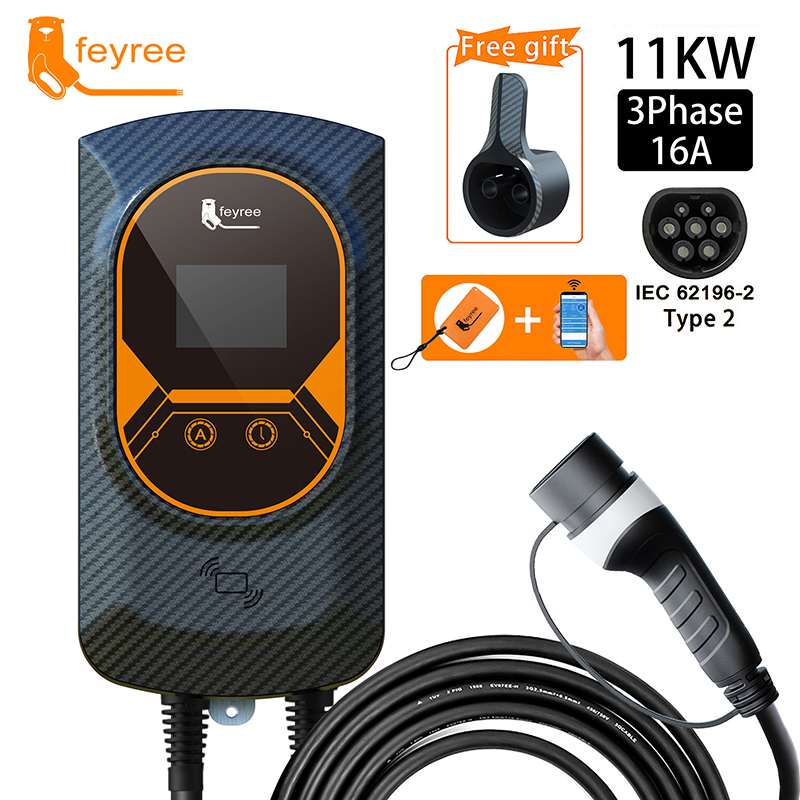 Feyree-estación de carga EV 32A, cargador de vehículo eléctrico para coche, EVSE Wallbox, montaje en pared, 7,6/11/22KW, Cable tipo 2, Control por aplicación IEC62196