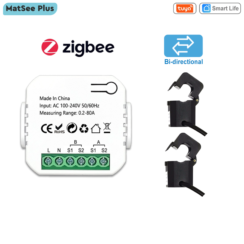 Tuya สมาร์ท ZigBee Energy Meter แบบสองทิศทาง 1, 2 ช่อง Current Transformer Clamp App Monitor Power 80A 110 V/240 V 50/60Hz