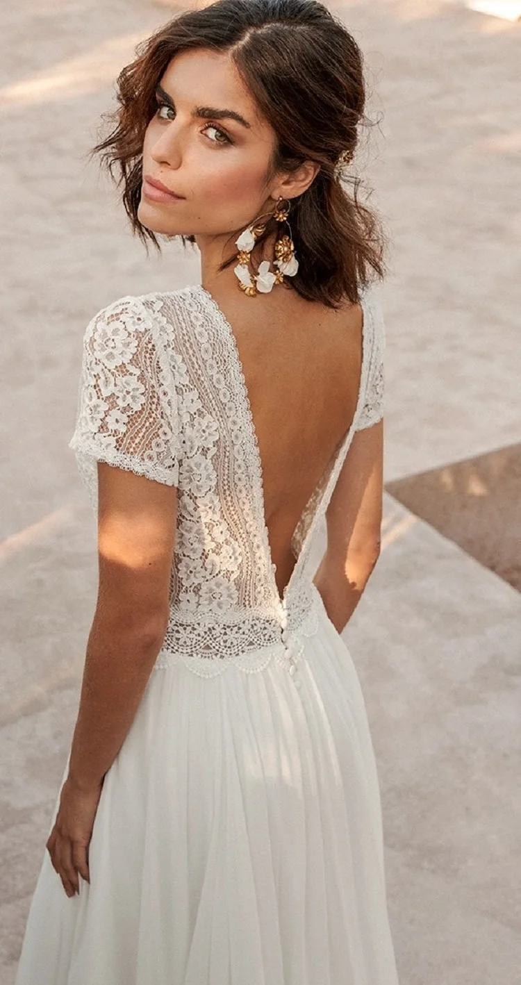 LSYX Abito da sposa Boho in chiffon con scollo a V personalizzato per le donne Maniche corte Lunghezza pavimento Abito da sposa senza schienale Robe De Marie