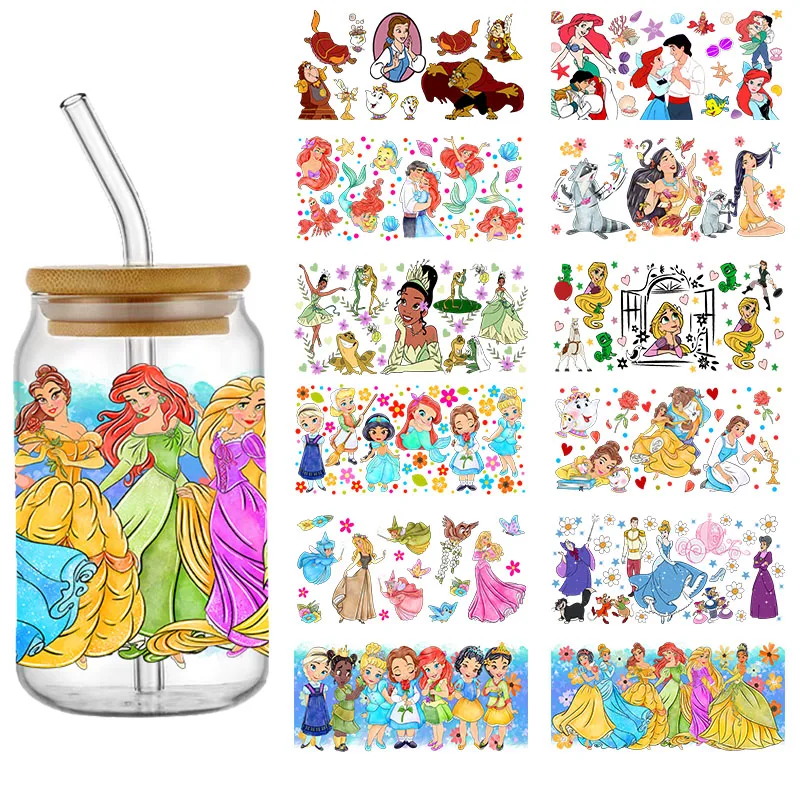 Disney Princess 3D impermeable UV DTF taza envoltura para 16oz Libbey dibujos animados princesa lata de vidrio DIY pegatina de transferencia