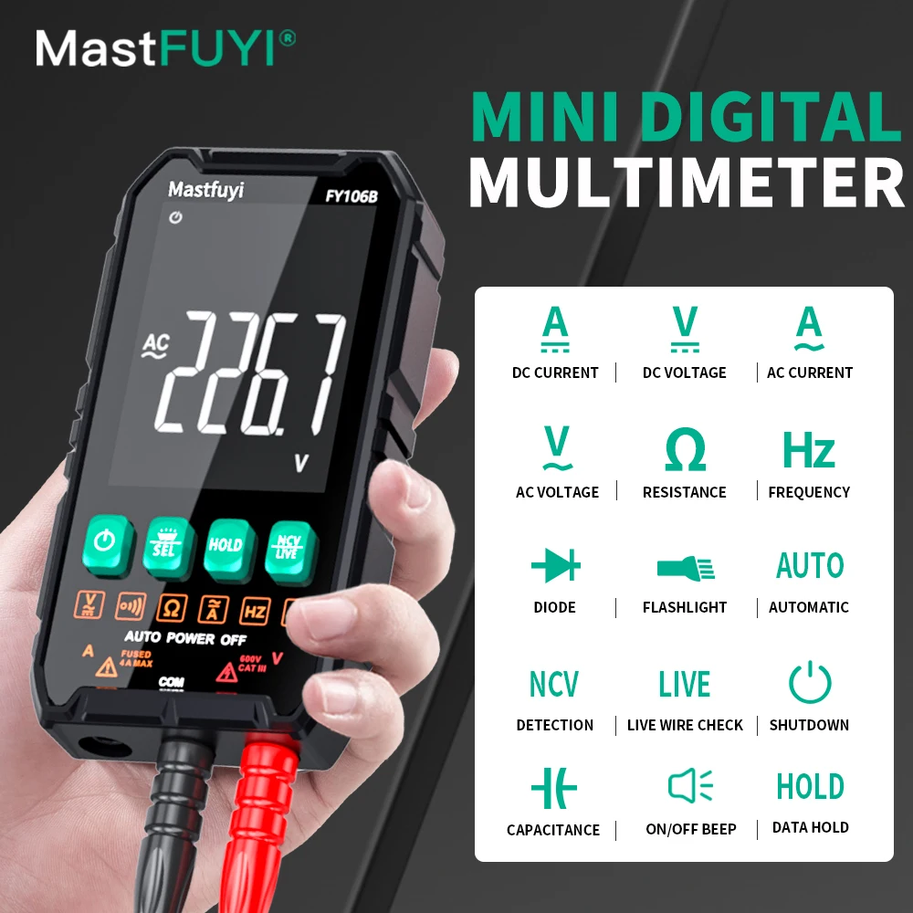 MASTFUYI 디지털 멀티미터 AC DC NCV 스마트 테스터 멀티메트로 옴 전압 측정기 자동 범위 600V 전문 전기 테스터