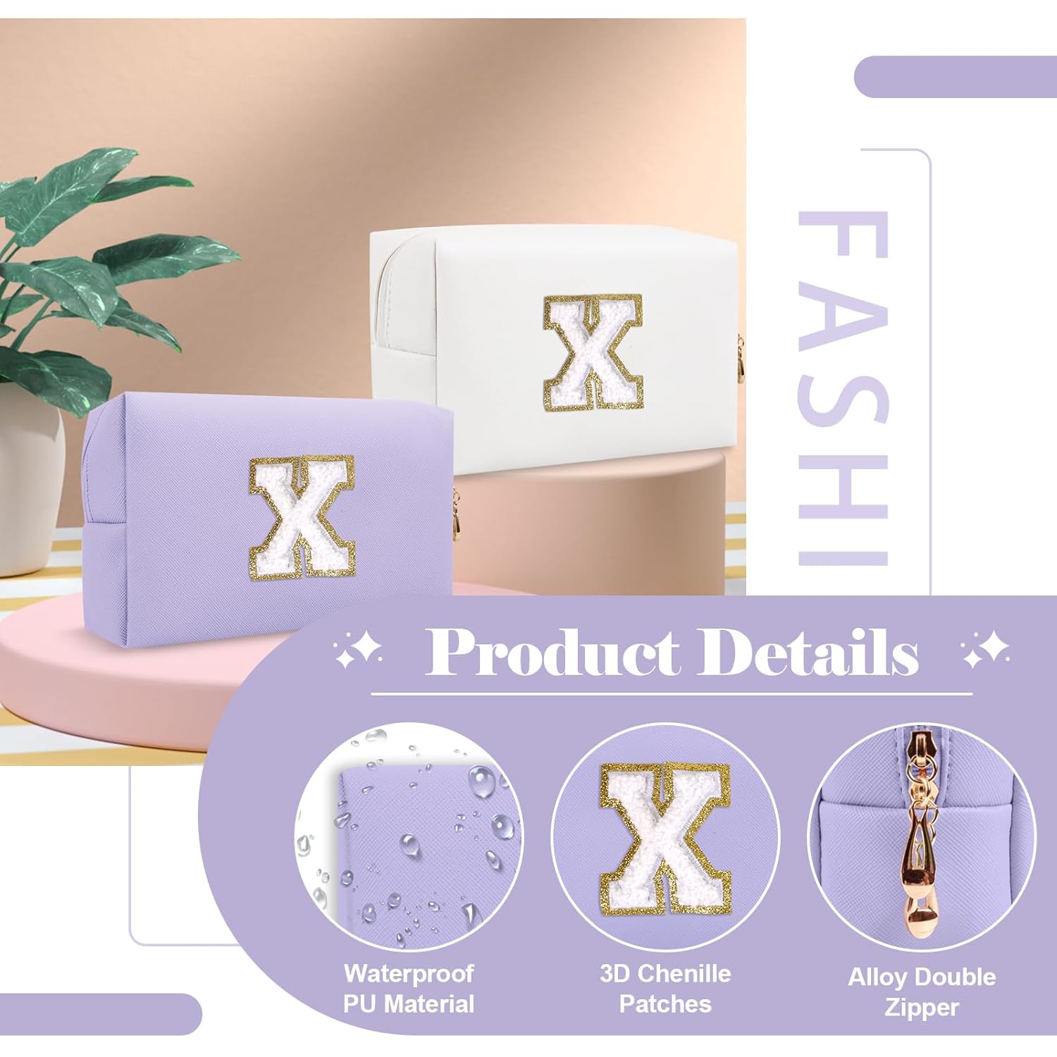 Bolsa de maquillaje con letras bordadas moradas, bolsa de almacenamiento, bolsa de lavado de viaje, herramienta de maquillaje para lápiz labial, bolsa de clasificación multifuncional-LJX