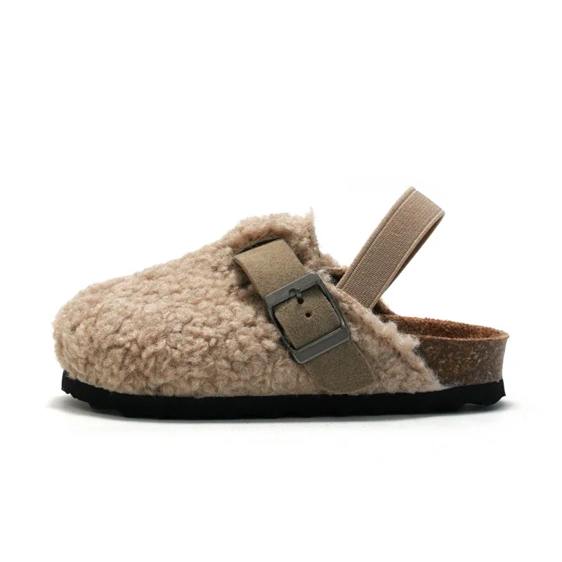 เด็กทารกเด็กชายหญิง WARM Fuzzy รองเท้าแตะรองเท้าแตะ Plush Cork Faux FUR Flats เด็กวัยหัดเดิน Prewalker รองเท้าแตะสายรัดด้านหลังยืดหยุ่น