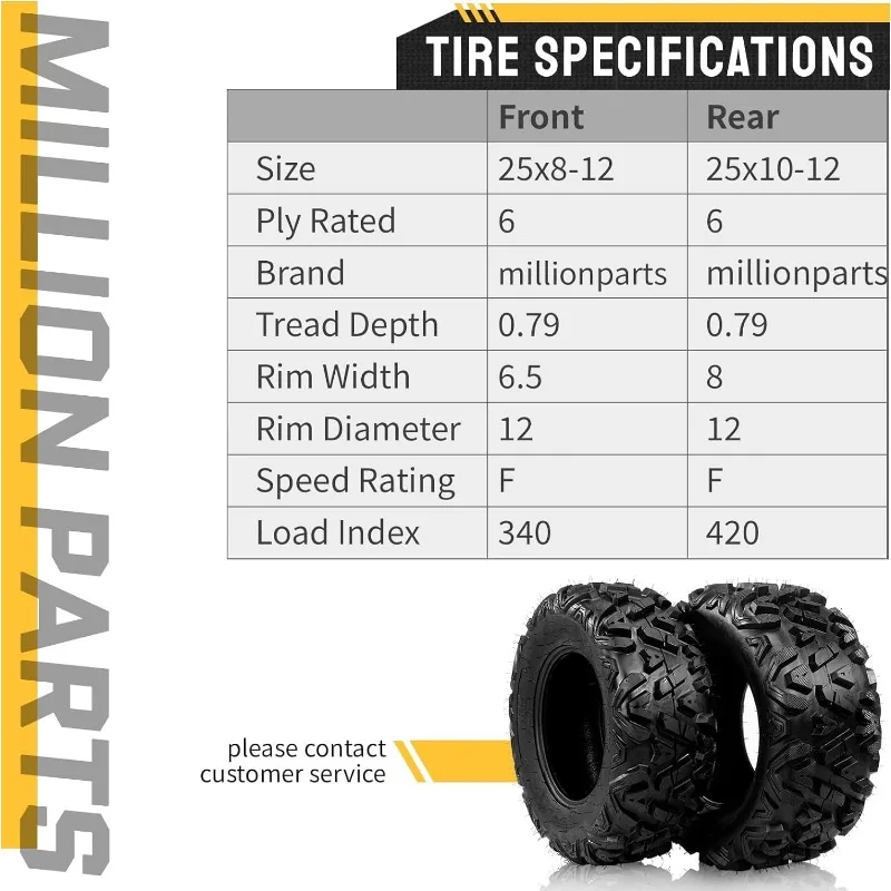 Complete Set of 4 All Terrain ATV UTV Tires 25x8-12 Front & 25x10-12 Rear 6PR Tubeless US(Origin)