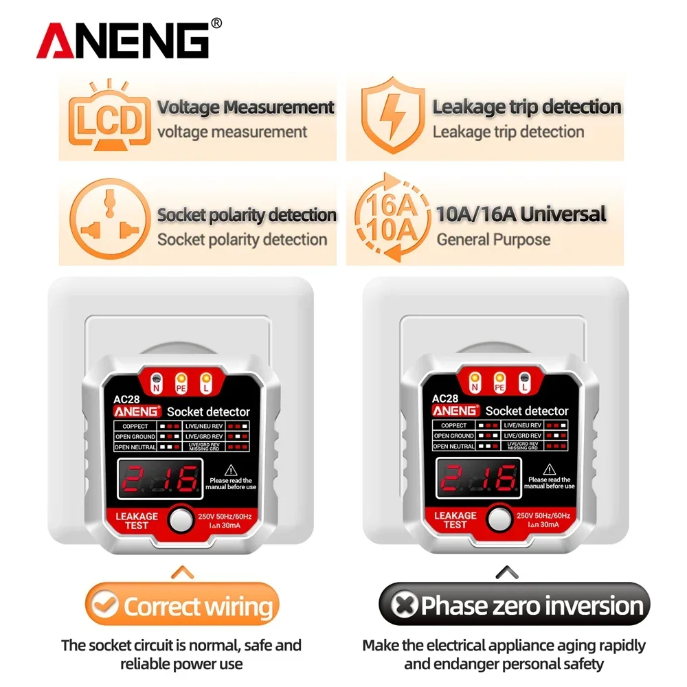 ANENG AC27/AC28 probador de potencia de enchufe Digital 50Hz/60Hz Detector de polaridad de enchufe probador de voltaje buscador de disyuntor enchufe UE/EE. UU.