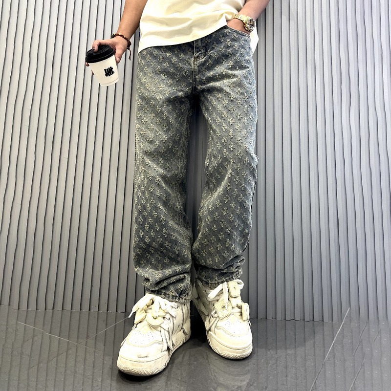 Calças jeans com padrão Jacquard para homens, calça comprida masculina reta, jeans largos angustiados