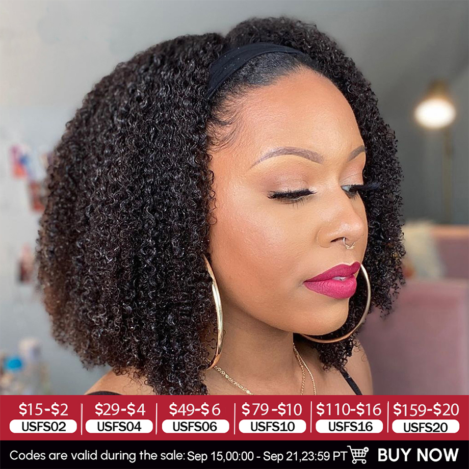 Afro kinky encaracolado cabelo humano bandana perucas para preto feminino 180% densidade cabelo humano brasileiro remy máquina completa feita cabelo yara
